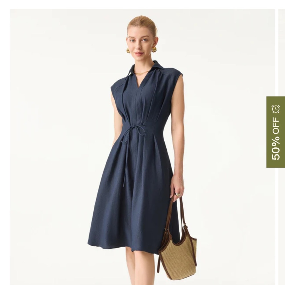 OGL Navy Tie-Waist Midi Shirt Dress
